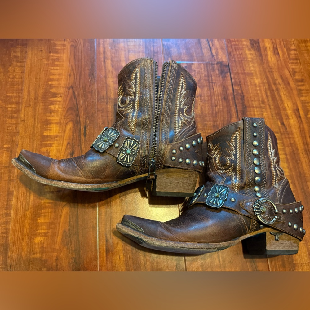 Brown Leather Ankle Boots with Studded Strap - Picture 2 of 4
